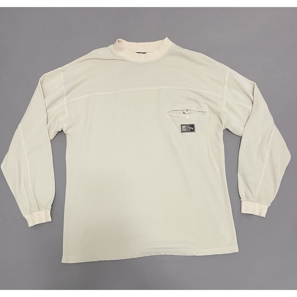 Zeppelin Mens Long Sleeve Mock Neck Pique Shirt Cream Pocket Style 10647 Medium